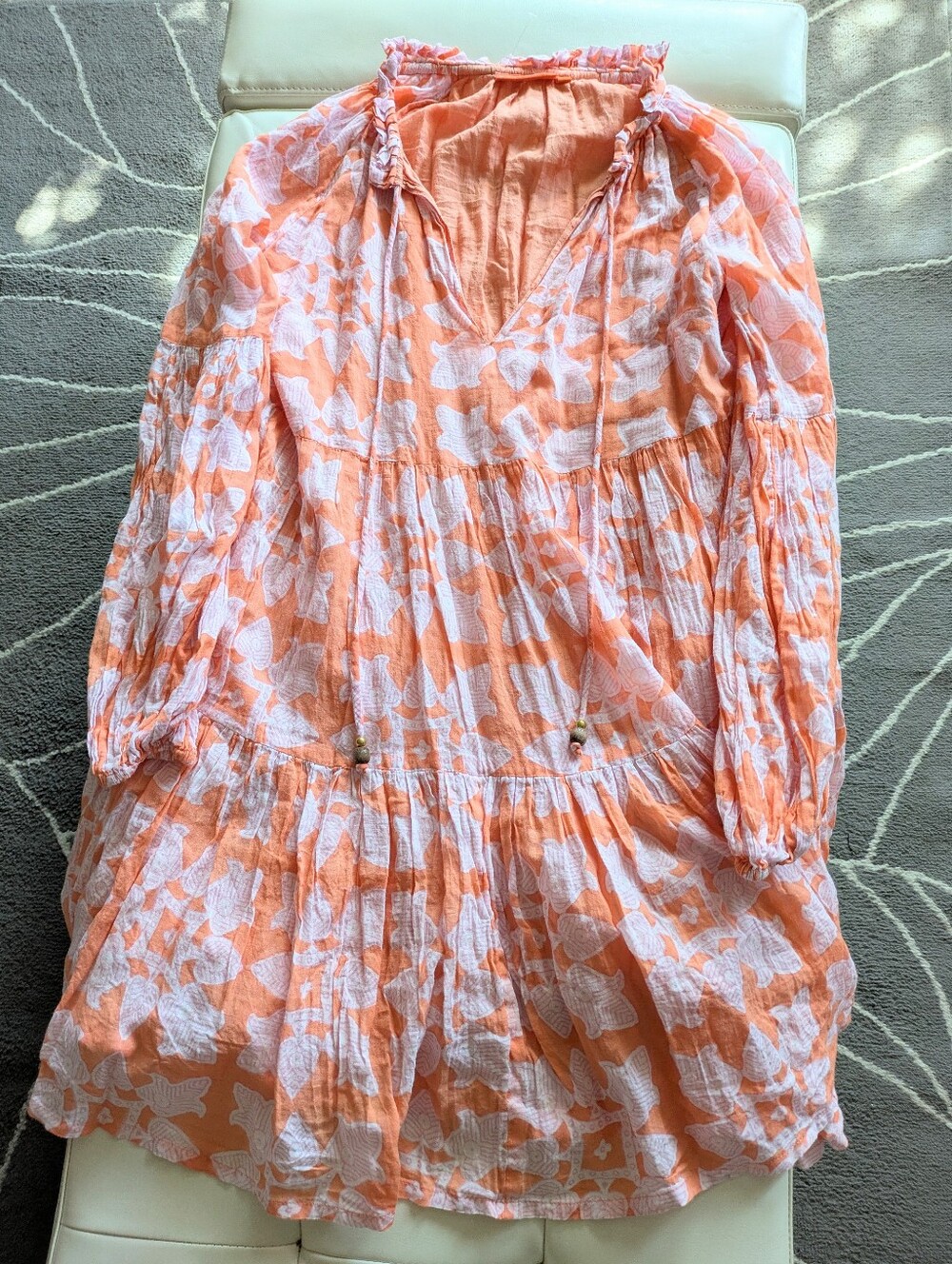 Oliphant Orange/Peach Pink/lavender White Floral Tiered Boho Dress